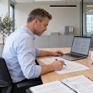 Mężczyzna porównuje wydruk dokumentów spółki z ekranem laptopa w nowoczesnym biurze